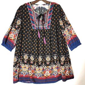 Umgee USA Tunic Top Womens Sz L Tasseled Tie Neck Black Multi Color Boho Peasant